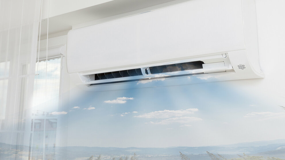 Air conditioner blowing cold air. Home interior concepts. 497944376